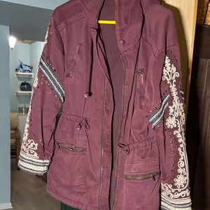 Free People Burgundy Embroidered Utility Jacket
